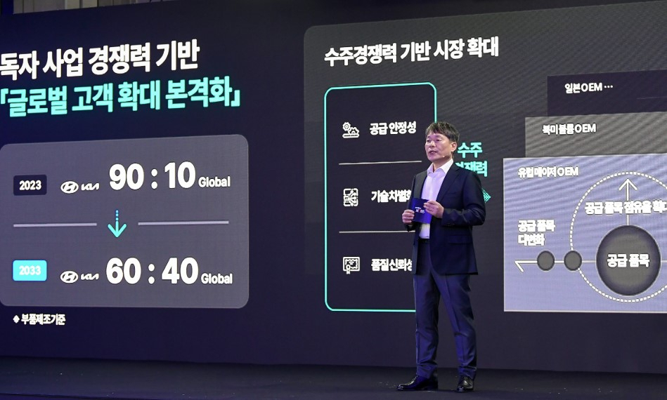 Hyundai Mobis CEO Lee Gyu-suk speaks during the company’s “CEO Investor Day” held in a hotel in Yeouido, Seoul on Nov. 19. (Hyundai Mobis)