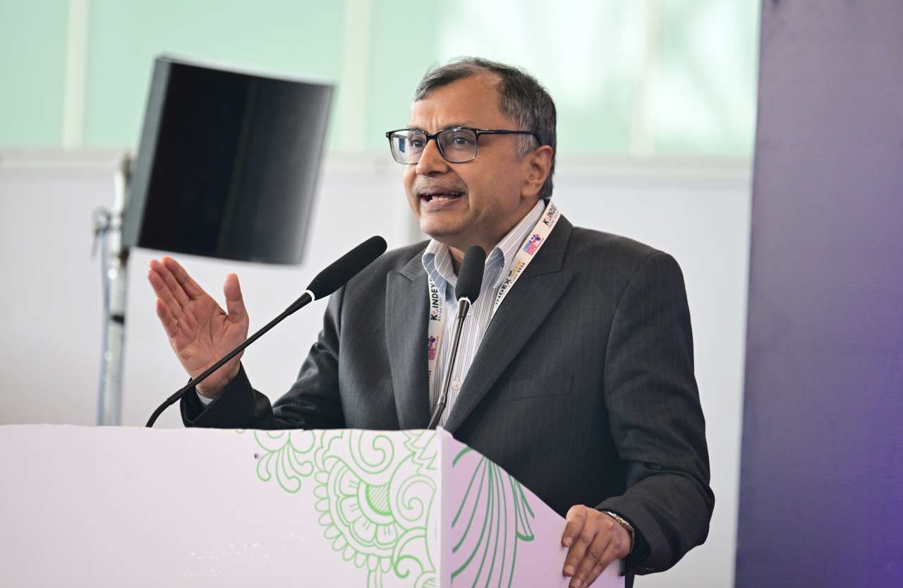 Tarun Garg, chief operating officer of Hyundai Motor India gives a speech during the India-Korea Business Partnership Forum 2024 held at Yashobhoomi in New Delhi, Friday. (Park Hae-mook/ The Korea Herald)