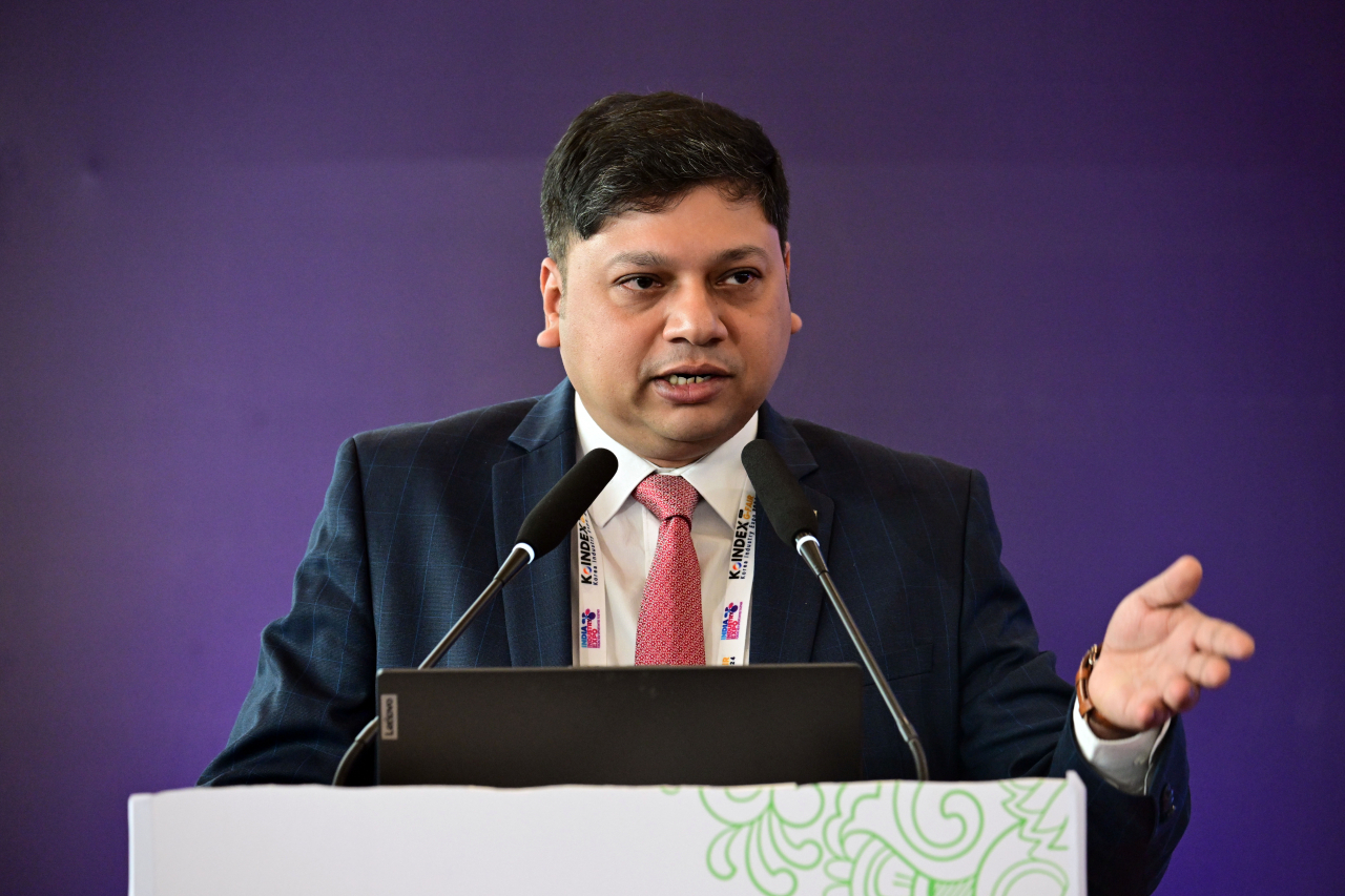 Shrinivas Khanolkar, head of products, marketing and corporate communications at Mirae Asset Investment Managers in India, speaks during the India-Korea Business Partnership Forum 2024 held at Yashoboomi, New Delhi, Friday. (Park Hae-mook/The Korea Herald)