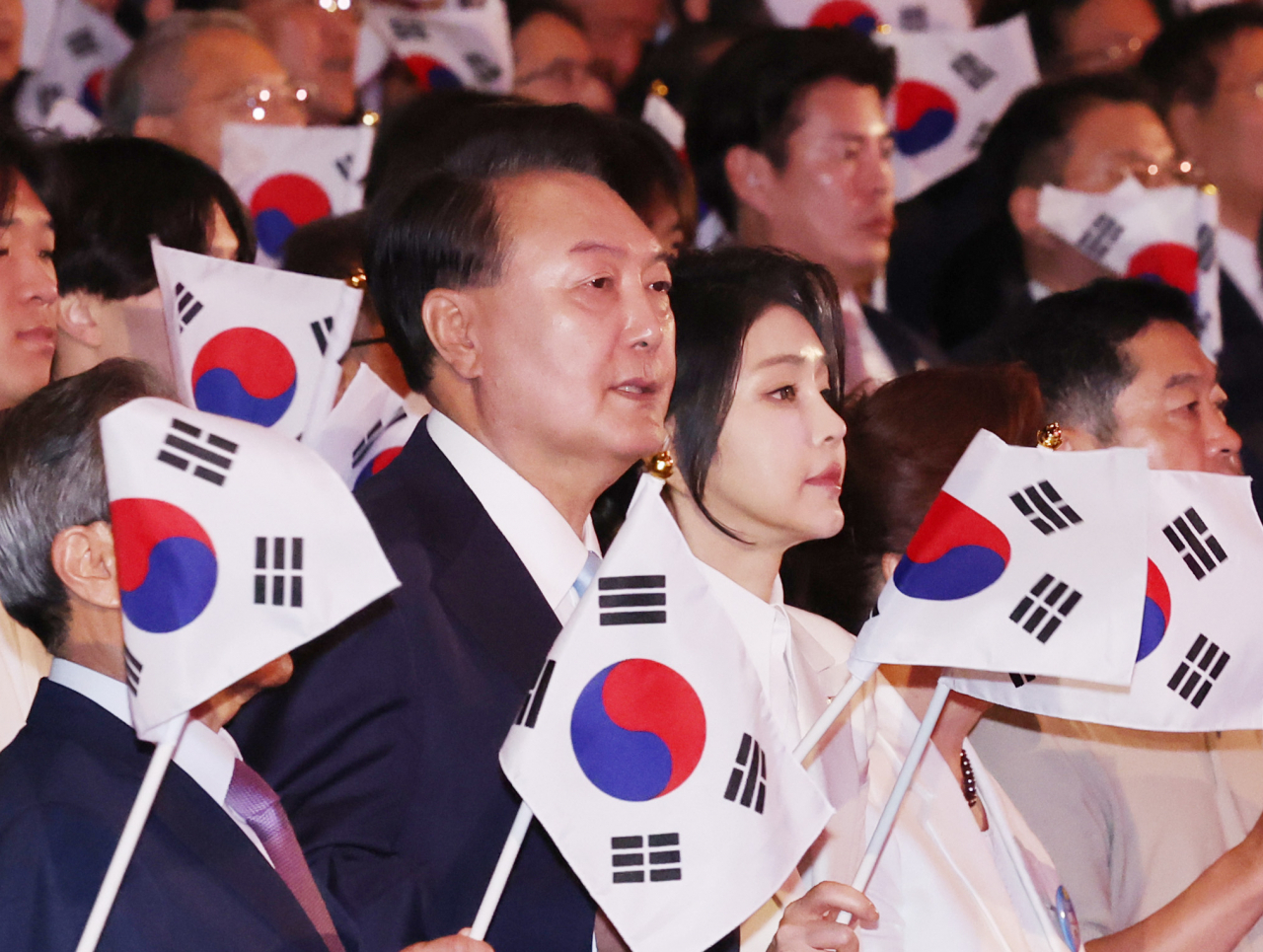 President Yoon Suk Yeol, center left, and first lady Kim Keon Hee attend the Aug. 15 Liberation Day ceremony held in central Seoul. (Yonhap)