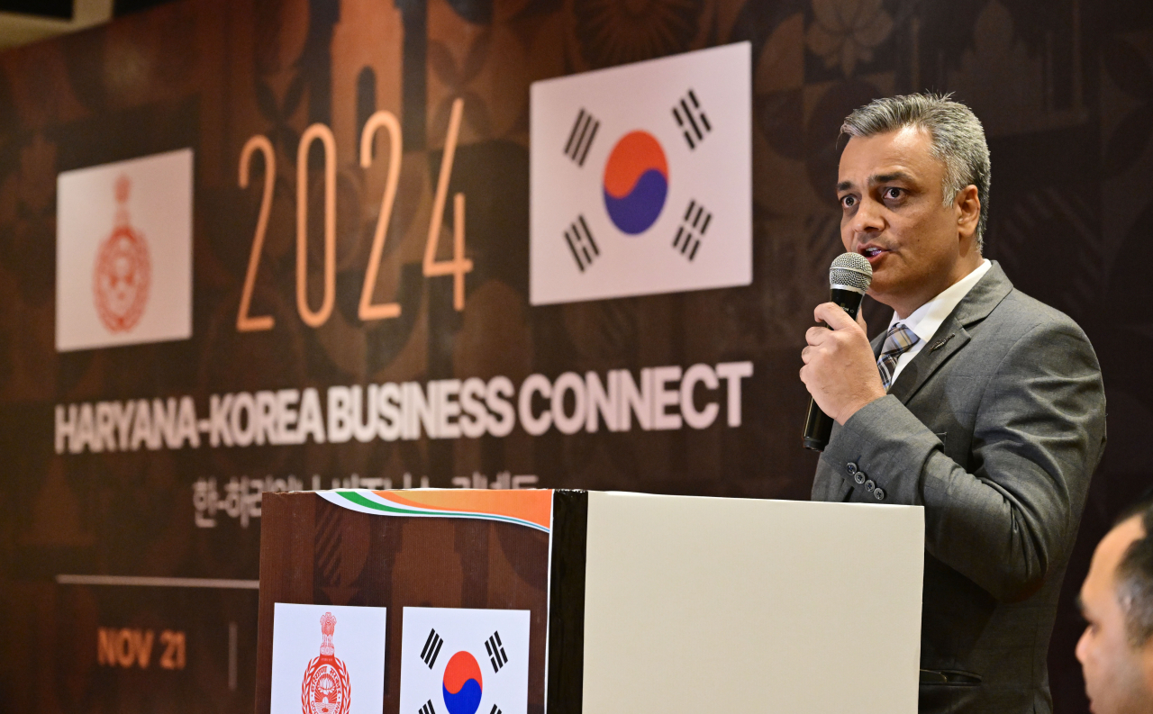 Pawan Choudhary, advisor at Foreign Cooperation Department Government of Haryana speaks during the Korea-Haryana Business Connect event held at a hotel in Gurugram, Thursday. (Park Hae-mook/The Korea Herald)