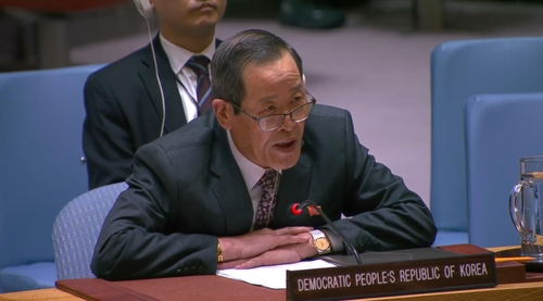 This image, captured from the UN Web TV, shows Kim Song, North Korea's permanent representative to the UN, speaking during a Security Council meeting on Nov. 27, Wednedsday. (Yonhap)