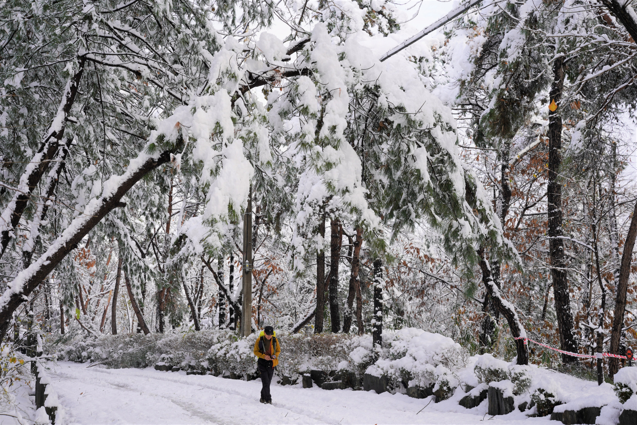 A visitor walks along the Gwanaksan dulle-gil in Gwanak-gu, southern Seoul. (Lee Si-jin/The Korea Herald)