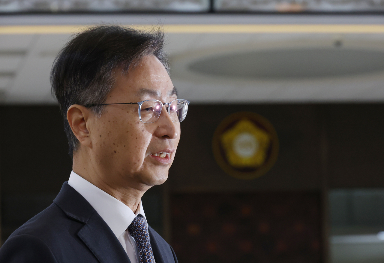 Board of Audit and Inspection Chair Choe Jae-hae speaks to reporters in front of the National Assembly in western Seoul on Friday. (Yonhap)