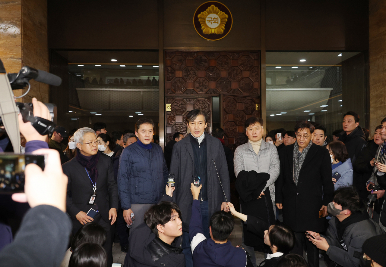 Cho Kuk, leader of the minor opposition Rebuilding Korea Party, speaks to reporters after the emergency plenary session held hours after the president declared martial law. (Yonhap)