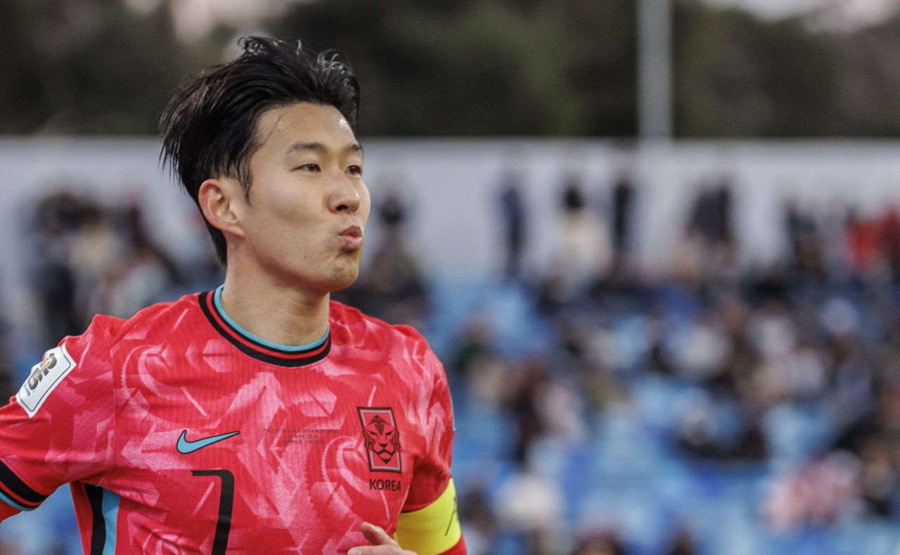 This photo shows Son Heung-min of the South Korean men's national soccer team during the 1-1 draw against Palestine on Nov.2- in their Group B match in the third round of the Asian World Cup qualifiers in Seoul. Son is among the most accomplished and most popular athletes in South Korea. (Yonhap)