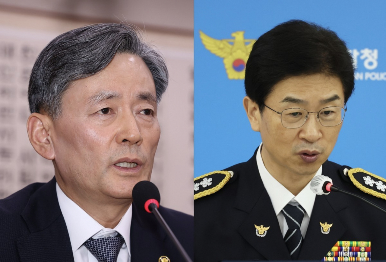 Korean National Police Agency Commissioner Cho Ji-ho (left) and Seoul Metropolitan Police Agency Chief Kim Bong-sik (Yonhap)