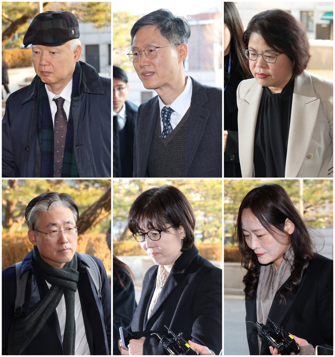 This composite image features the justices of the Constitutional Court who will deliberate on a parliamentary motion to impeach President Yoon Suk Yeol. The justices are seen arriving for work at the court in Seoul on Monday. Clockwise from top left: Cheong Hyung-sik, Moon Hyung-bae, Kim Bok-hyeong, Chung Jung-mi, Lee Mi-sun and Kim Hyung-du. (Yonhap)