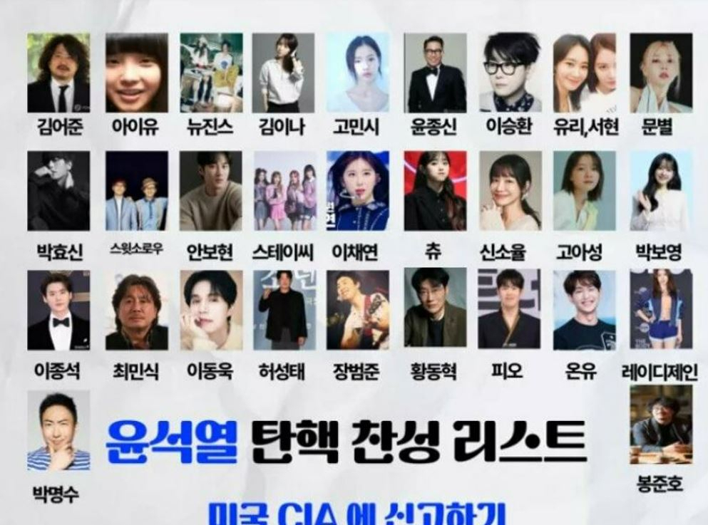 A list shared by anonymous internet users purporting to show celebrities who publicly supported protests demanding President Yoon Suk Yeol's impeachment. (DC Inside)