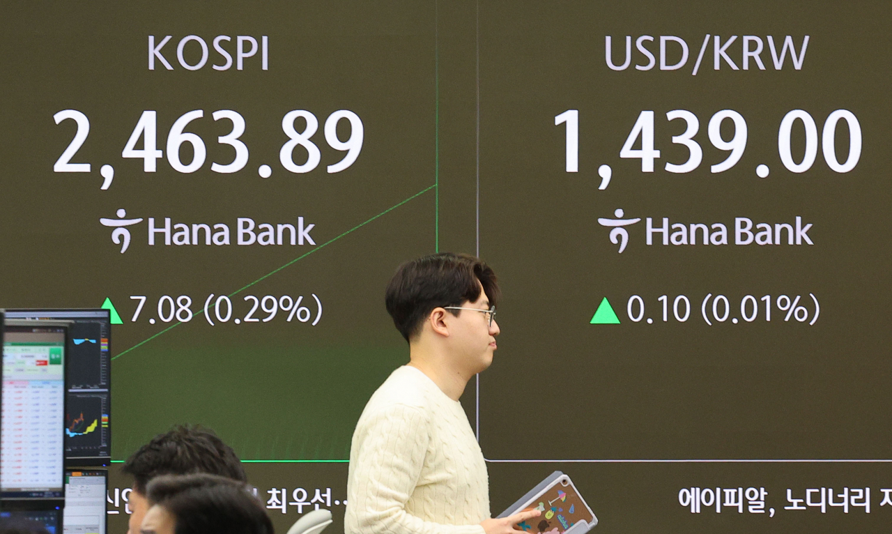 An electronic board showing the Korea Composite Stock Price Index at a dealing room of the Hana Bank headquarters in Seoul on Wednesday. (Yonhap)