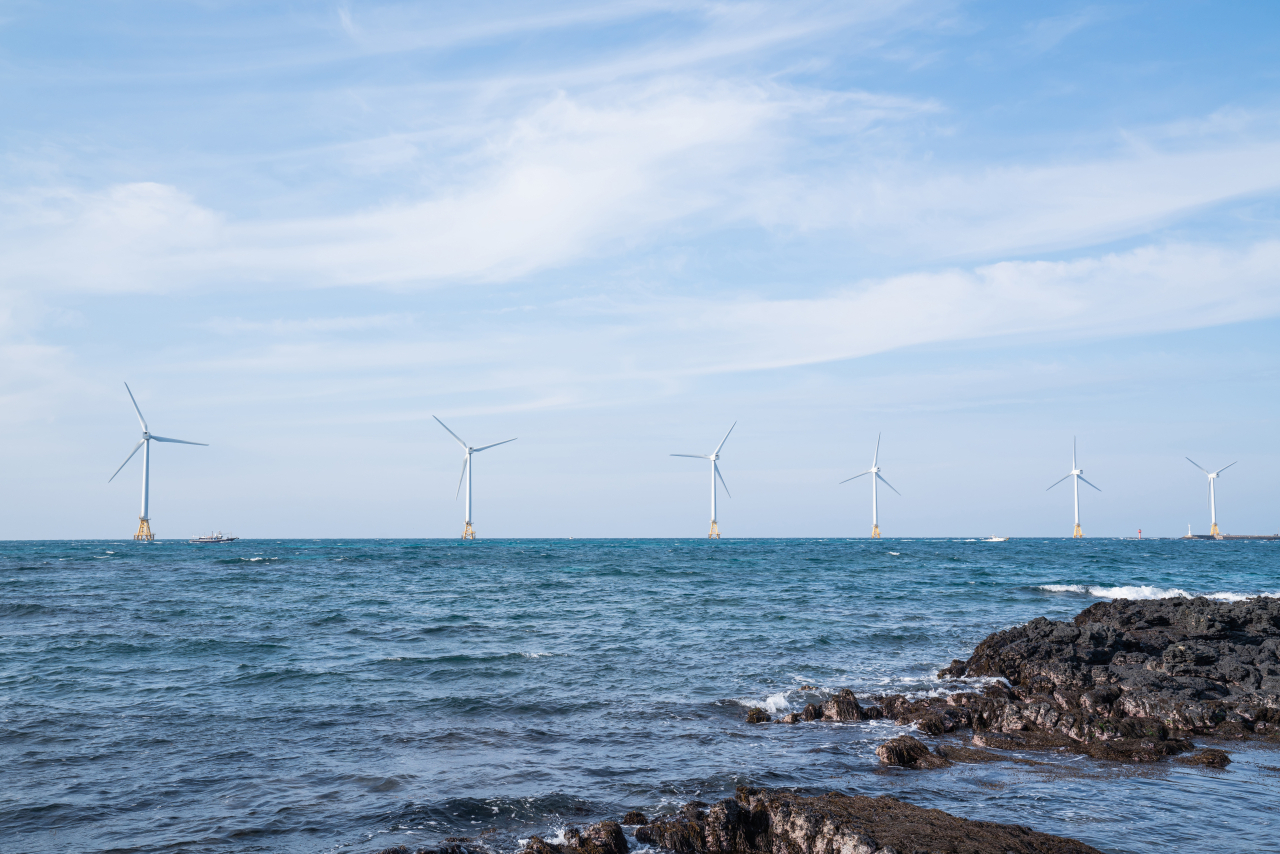 This undated file photo shows wind turbines off the island of Jeju. (Yonhap)