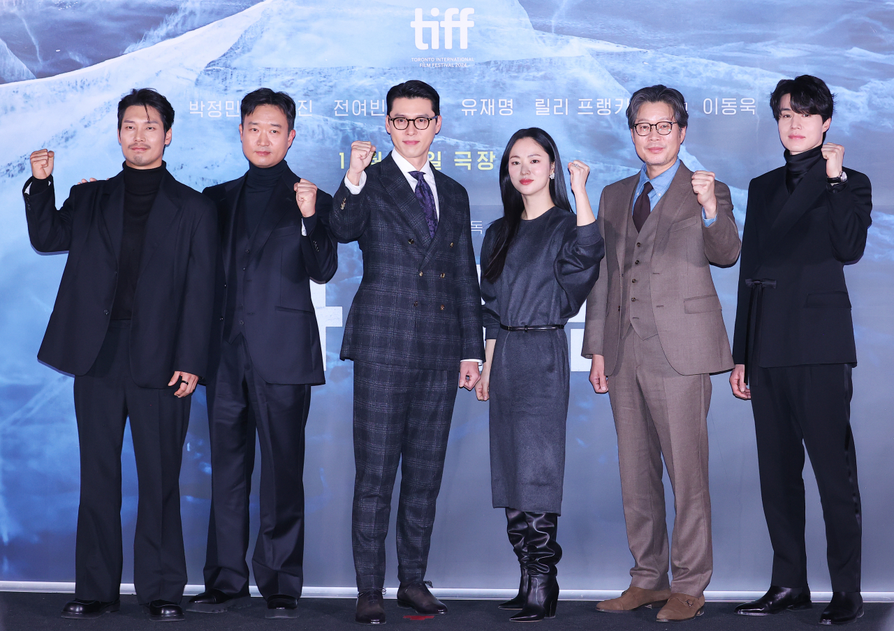 From left: Actors Park Hoon, Jo Woo-jin, Hyun Bin, Jeon Yeo-been, Yoo Jae-myung and Lee Dong-wook attend a press event for 