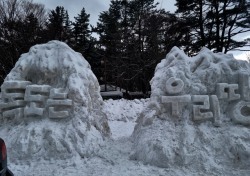 울릉도 눈축제장에  흙먼지 섞인  눈조각 '눈살'