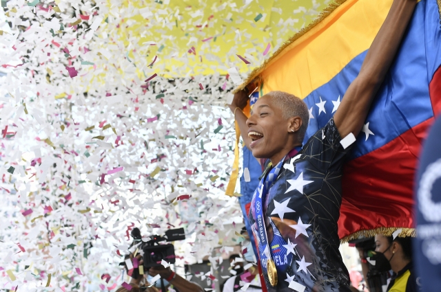 Yulimar Rojas, who won the Olympic gold medal in the women's triple jump at the 2020 Tokyo Olympic Games and set a new world record, is welcomed home upon return to Caracas, Venezuela, Tuesday, Sept. 14, 2021. The