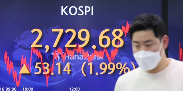 An electronic board showing the Korea Composite Stock Price Index (Kospi) at a dealing room of the Hana Bank headquarters in Seoul on Wednesday. (Yonhap)