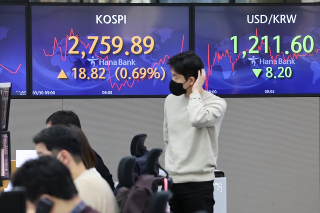 An electronic board showing the Korea Composite Stock Price Index (Kospi) at a dealing room of the Hana Bank headquarters in Seoul on Wednesday. (Yonhap)