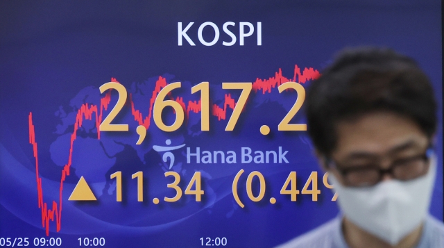 An electronic board showing the Korea Composite Stock Price Index (Kospi) at a dealing room of the Hana Bank headquarters in Seoul on Wednesday. (Yonhap)