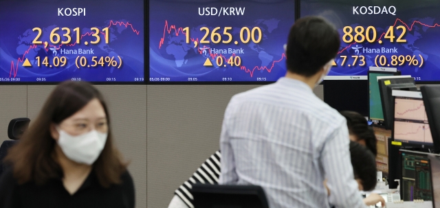 An electronic board showing the Korea Composite Stock Price Index (Kospi) at a dealing room of the Hana Bank headquarters in Seoul on Thursday. (Yonhap)