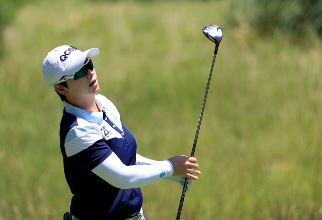 In this Getty Images photo, Ji Eun-hee of South Korea tees off on the 14th hole during the semifinals of the Bank of Hope LPGA Match-Play at Shadow Creek Golf Course in Las Vegas on Sunday. (Getty Images)