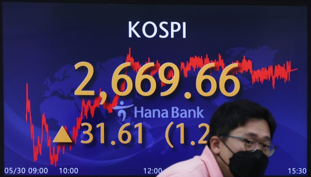 An electronic board showing the Korea Composite Stock Price Index (Kospi) at a dealing room of the Hana Bank headquarters in Seoul on Monday. (Yonhap)