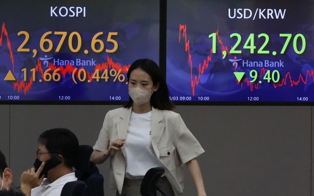 An electronic board showing the Korea Composite Stock Price Index (Kospi) at a dealing room of the Hana Bank headquarters in Seoul on Friday. (Yonhap)