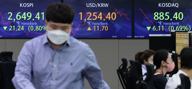 An electronic board showing the Korea Composite Stock Price Index (Kospi) at a dealing room of the Hana Bank headquarters in Seoul on Tuesday. (Yonhap)