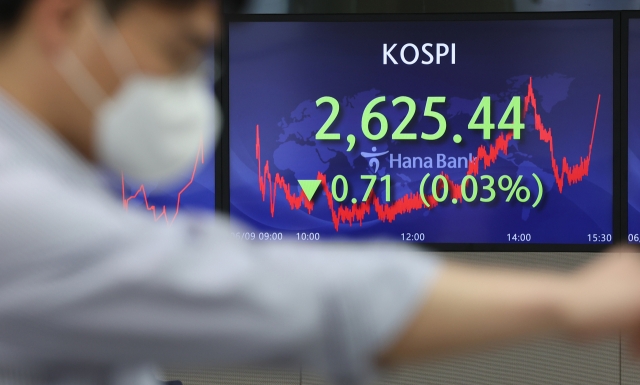 An electronic board showing the Korea Composite Stock Price Index (Kospi) at a dealing room of the Hana Bank headquarters in Seoul on Thursday. (Yonhap)