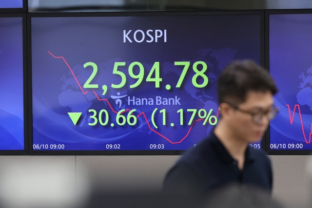 An electronic board showing the Korea Composite Stock Price Index (Kospi) at a dealing room of the Hana Bank headquarters in Seoul on Friday. (Yonhap)