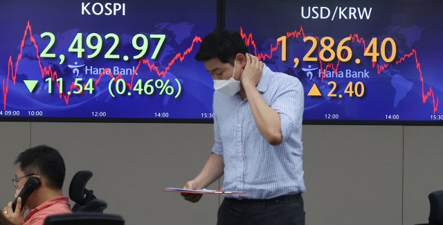 An electronic board showing the Korea Composite Stock Price Index (Kospi) at a dealing room of the Hana Bank headquarters in Seoul on Tuesday. (Yonhap)