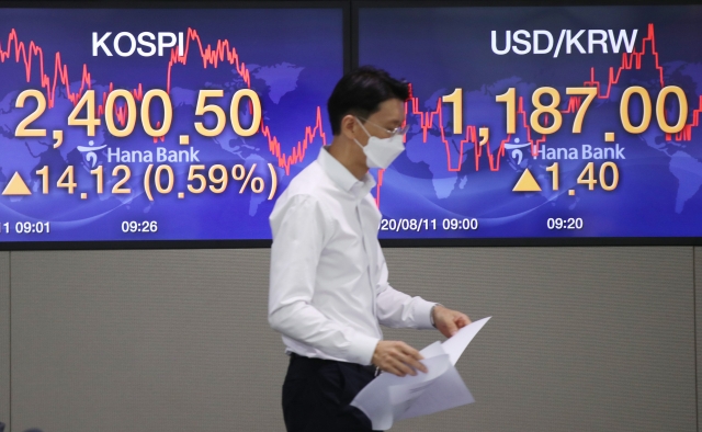 An electronic board showing the Korea Composite Stock Price Index (Kospi) at a dealing room of the Hana Bank headquarters in Seoul on Friday. (Yonhap)