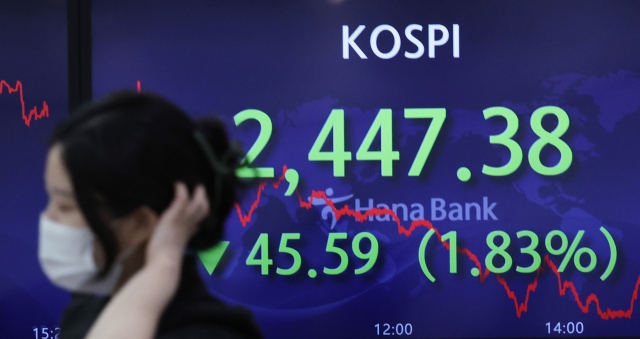 An electronic board showing the Korea Composite Stock Price Index (Kospi) at a dealing room of the Hana Bank headquarters in Seoul on Monday. (Yonhap)