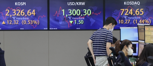 An electronic board showing the Korea Composite Stock Price Index (Kospi) at a dealing room of the Hana Bank headquarters in Seoul on Friday. (Yonhap)