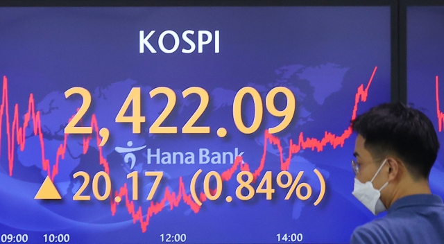 An electronic board showing the Korea Composite Stock Price Index (Kospi) at a dealing room of the Hana Bank headquarters in Seoul on Tuesday. (Yonhap)