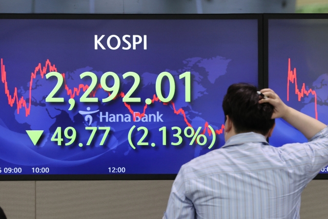 An electronic board showing the Korea Composite Stock Price Index (Kospi) at a dealing room of the Hana Bank headquarters in Seoul on Wednesday. (Yonhap)