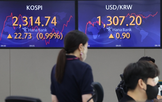 An electronic board showing the Korea Composite Stock Price Index (Kospi) at a dealing room of the Hana Bank headquarters in Seoul on Thursday. (Yonhap)