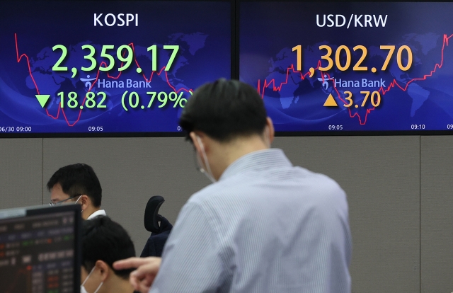 An electronic board showing the Korea Composite Stock Price Index (Kospi) at a dealing room of the Hana Bank headquarters in Seoul on Monday. (Yonhap)