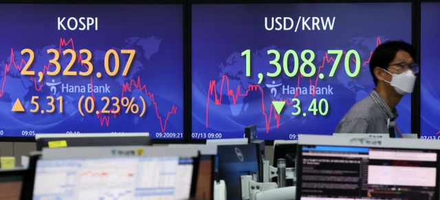 An electronic board showing the Korea Composite Stock Price Index (Kospi) at a dealing room of the Hana Bank headquarters in Seoul on Wednesday. (Yonhap)