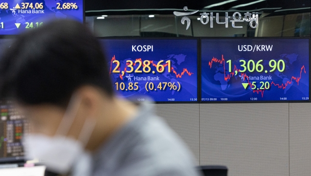 An electronic board showing the Korea Composite Stock Price Index (Kospi) at a dealing room of the Hana Bank headquarters in Seoul on Wednesday. (Yonhap)