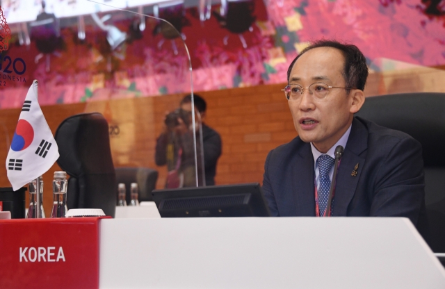 This photo, provided by the Ministry of Economy and Finance last Friday, shows Finance Minister Choo Kyung-ho attending a Group of 20 meeting of finance chiefs on Indonesia's resort island of Bali. (Ministry of Economy and Finance)