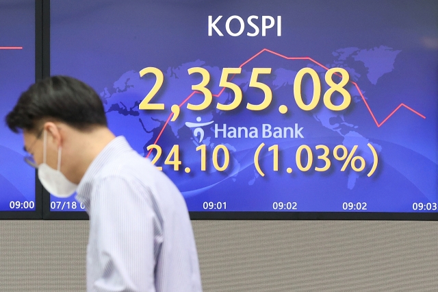 An electronic board showing the Korea Composite Stock Price Index (Kospi) at a dealing room of the Hana Bank headquarters in Seoul on Monday. (Yonhap)