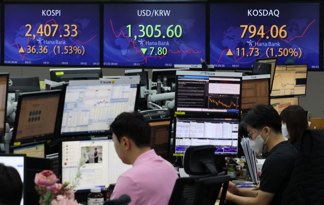 An electronic board showing the Korea Composite Stock Price Index (Kospi) at a dealing room of the Hana Bank headquarters in Seoul on Wednesday. (Yonhap)