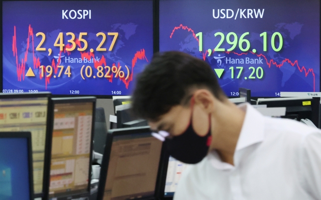 An electronic board showing the Korea Composite Stock Price Index (Kospi) at a dealing room of the Hana Bank headquarters in Seoul on Thursday. (Yonhap)