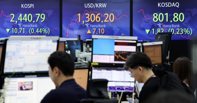 An electronic board showing the Korea Composite Stock Price Index (Kospi) at a dealing room of the Hana Bank headquarters in Seoul on Monday. (Yonhap)