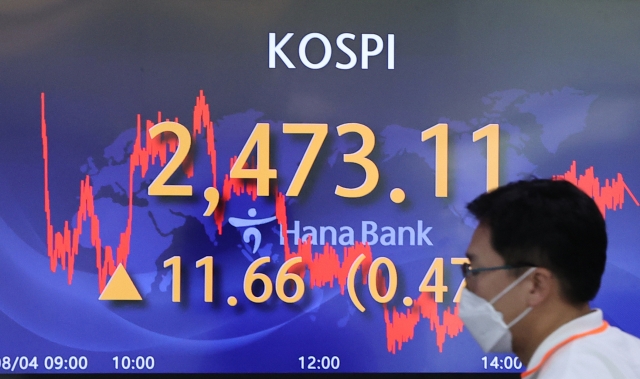 An electronic board showing the Korea Composite Stock Price Index (Kospi) at a dealing room of the Hana Bank headquarters in Seoul on Thursday. (Yonhap)