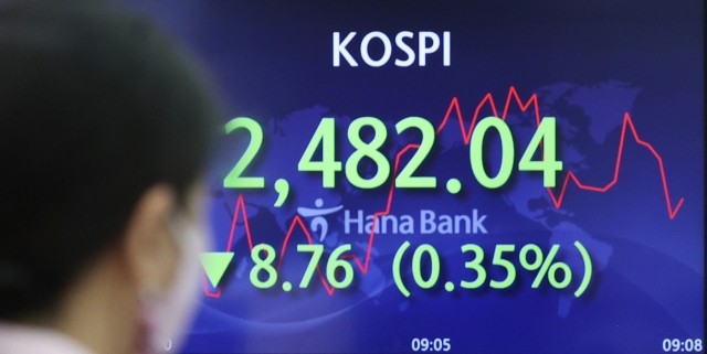 An electronic board showing the Korea Composite Stock Price Index (Kospi) at a dealing room of the Hana Bank headquarters in Seoul on Monday. (Yonhap)