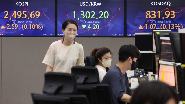 An electronic board showing the Korea Composite Stock Price Index (Kospi) at a dealing room of the Hana Bank headquarters in Seoul on Tuesday. (Yonhap)