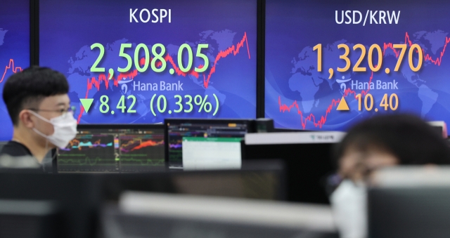 An electronic board showing the Korea Composite Stock Price Index (Kospi) at a dealing room of the Hana Bank headquarters in Seoul on Thursday. (Yonhap)