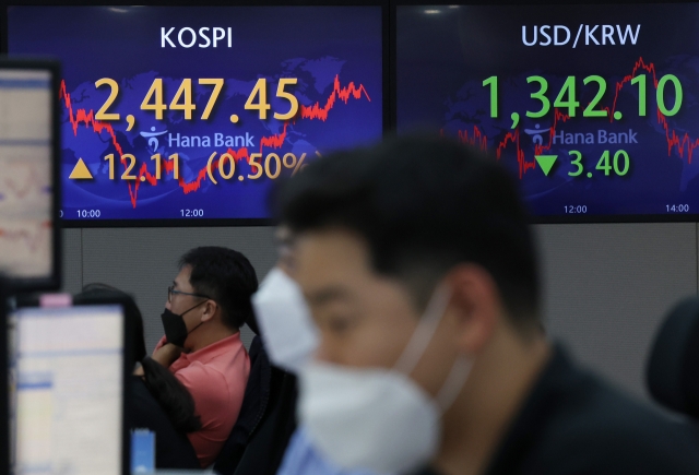 An electronic board showing the Korea Composite Stock Price Index (Kospi) at a dealing room of the Hana Bank headquarters in Seoul on Wednesday. (Yonhap)