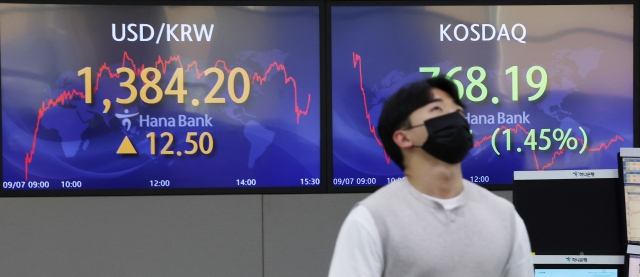 An electronic board showing the Korea Composite Stock Price Index (Kospi) at a dealing room of the Hana Bank headquarters in Seoul on Wednesday. (Yonhap)