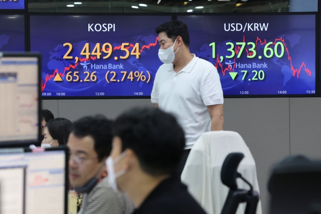 An electronic board showing the Korea Composite Stock Price Index (Kospi) at a dealing room of the Hana Bank headquarters in Seoul on Tuesday. (Yonhap)